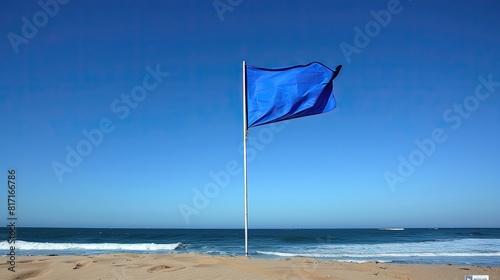 A blue flag is flying on a beach