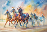 Watercolor artwork of a harness racing scene with horses and sulkies rounding a turn on the track, capturing the agility and speed of the sport