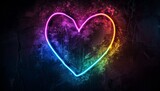 A glowing neon rainbow heart-shaped line on a black background Generative AI