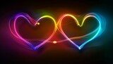 A glowing neon rainbow heart-shaped light trail on a black background, leaving behind a colorful glow that forms the shape of two hearts Generative AI