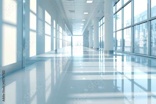 A hospital hallway with lots of windows and an electric blue floor © Alexei