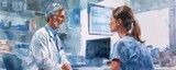 A friendly watercolor illustration of a doctor interacting with a patient in a medical office