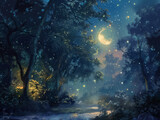 Serene Moonlit Night with Twinkling Stars and Enchanting Breeze