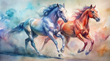 Dramatic watercolor illustration capturing the intense rivalry between two powerful horses as they neck-and-neck towards the finish line, their muscles straining with effort and determination.