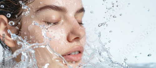 Banner, young woman with refreshing water splashes and drops on clean skin, symbolizing purity, freshness, youth and skin care.