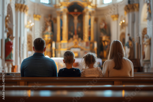 Family of three sitting on the pews in church and praying together