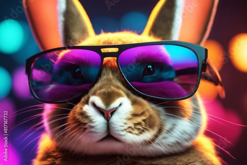  bunny ai colorful sunglasses cool generative background easter orthodox holiday celebrate celebration christian cute rabbit colourful blue summer spring happy portrait animal disco party pet flower 