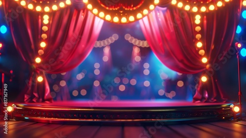 3D circus stage with a red show curtain and carnival lights, focus on the vibrant podium, theme of theatrical performance, dynamic, Double exposure, circus tent backdrop