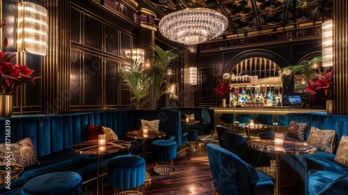 A sophisticated bar adorned with luxurious blue velvet couches and sparkling chandeliers, creating a lavish and upscale ambiance.