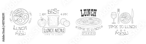 Lunch Menu Hand Drawn Monochrome Sign Design Vector Set