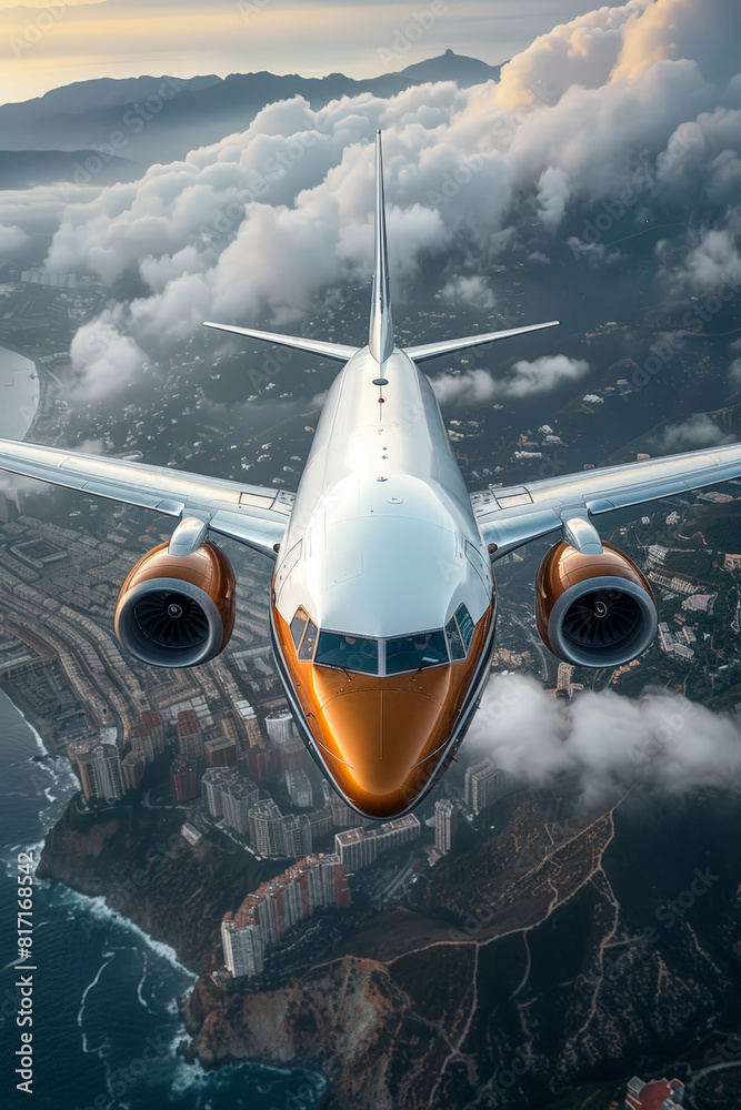 Fototapeta premium Passenger plane flying over the city