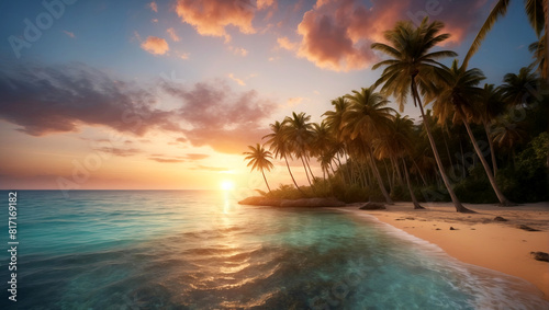 A breathtaking sunset on a wild beach with palm trees
