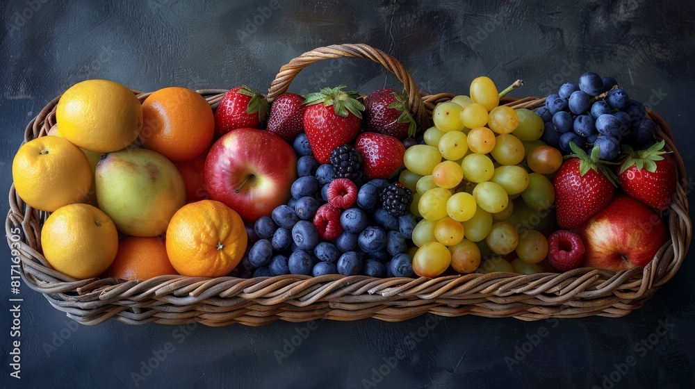 Generate a visual narrative of a balanced fruit basket Generate a visual narrative of a balanced fruit basket