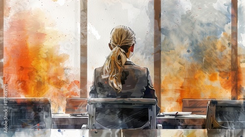 A confident watercolor depiction of a businesswoman giving a presentation in a conference room