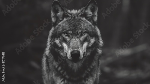 Close up shot of Angry gray wolf on blurred dark background