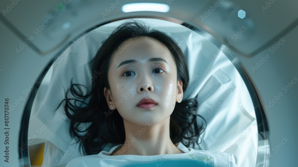 An Asian woman undergoes a thorough body check up using a CT scan machine at the hospital for her health examination An Asian woman undergoes a thorough body check up using a CT scan machine at the hospital for her health examination