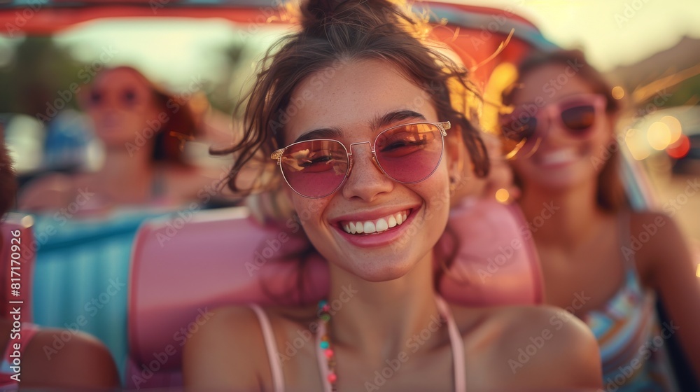 Youthful Joy Ride: Friends Enjoying Summer Road Trip in Convertible. Generative ai Youthful Joy Ride: Friends Enjoying Summer Road Trip in Convertible. Generative ai