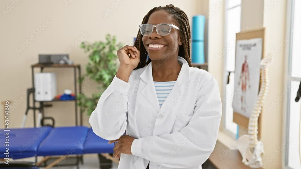 Cheerful african american woman therapist in uniform, confidently pointing with one finger in lab, joyful face glowing with a smart idea or question. Cheerful african american woman therapist in uniform, confidently pointing with one finger in lab, joyful face glowing with a smart idea or question.