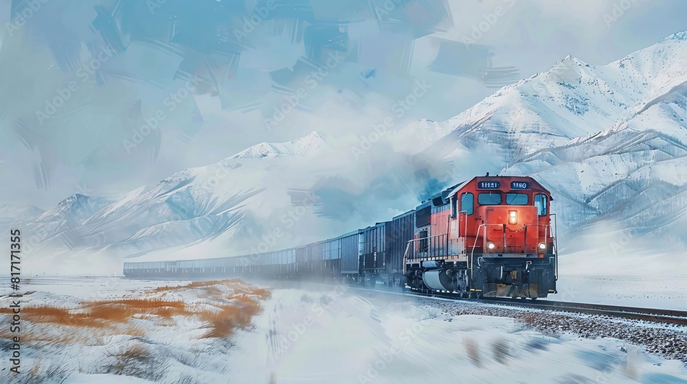 Time-lapse style image of a modern freight train as it travels through various climates and terrains Time-lapse style image of a modern freight train as it travels through various climates and terrains