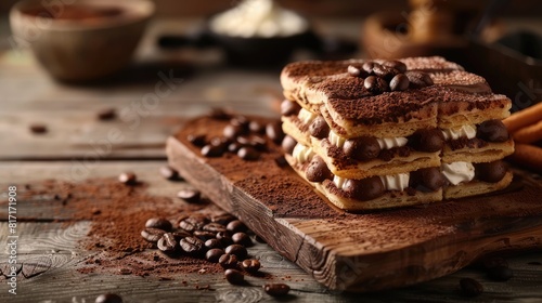 a sumptuous tiramisu dessert, showcasing its decadent layers of coffee-soaked ladyfingers, creamy mascarpone cheese, and cocoa dusting, inviting viewers to indulge in its rich flavors.