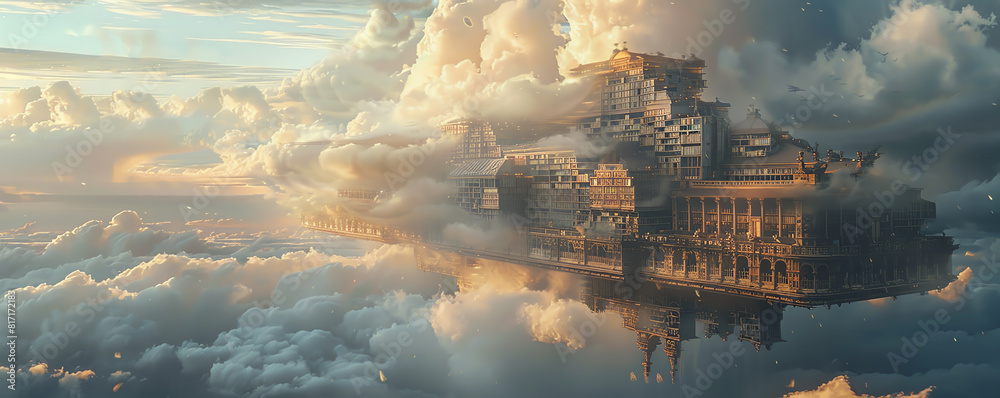 Capture a low-angle view of a fantastical library floating among the clouds