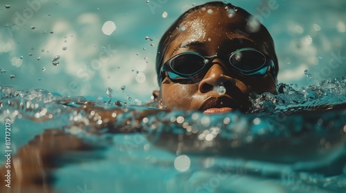  Black woman practicing swimming sport, person is focused and enjoying the sport, sports photography, generative ai