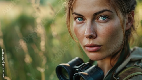 The close up picture of the caucasian or eastern european female is working as environment consultant with binocular, the environment consultant require skills environmental science knowledge. AIG43.