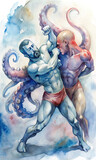 A dynamic watercolor illustration capturing the energy and dynamics of octopus wrestling, showcasing the athleticism and strategy involved