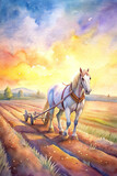 An artistic portrayal of a horse pulling a plow through a sunlit field, capturing the essence of agricultural work
