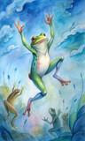 An artistic rendering capturing the excitement of a frog jumping contest, with a focus on the intense competition and determination of the amphibian athletes