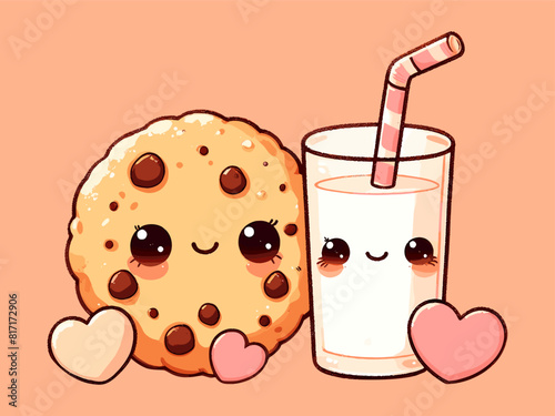 Cute kawaii cookie and milk. Vector cartoon illustration.