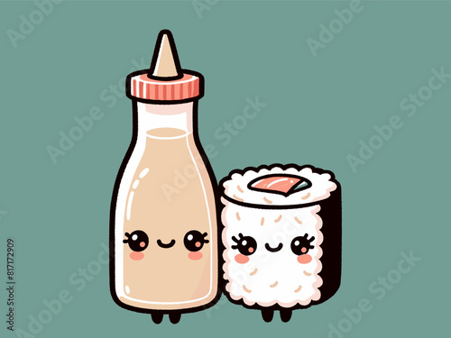 Cute happy sushi and soy sauce pair. Isolated on white background. Vector kawaii illustration.

