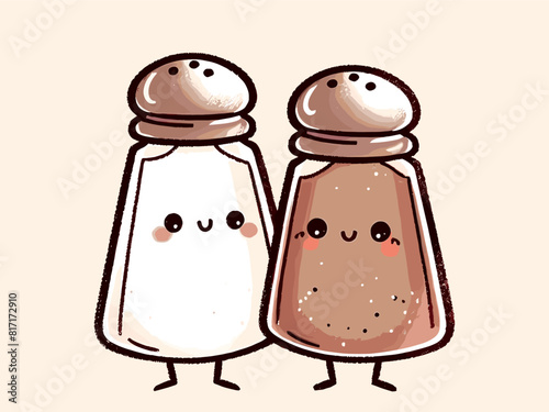  Cute happy salt and pepper pair. Isolated on white background. Vector kawaii illustration.