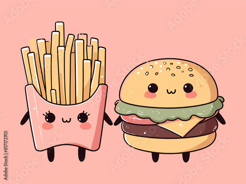 Cute happy burger and french fries. Isolated on white background. Vector kawaii illustration.
