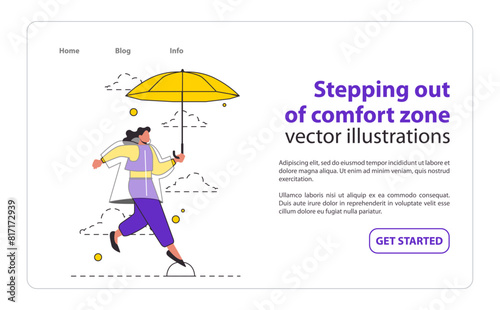 Comfort Zone Departure concept An individual strides forward  umbrella in hand  symbolizing a bold move into the unknown A powerful visual metaphor for change and bravery Vector illustration