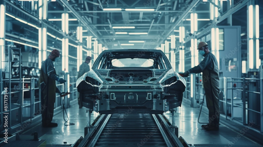 Obraz premium car factory conveyor workers assembling cars