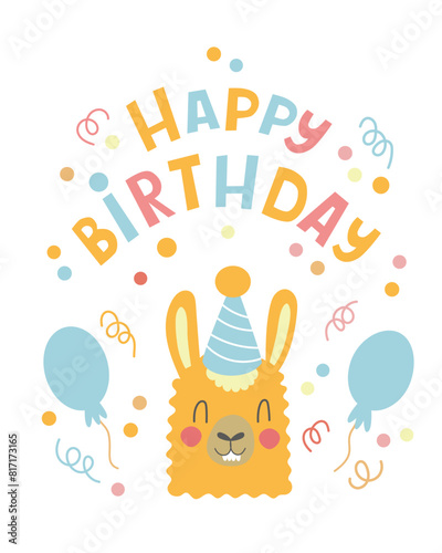 Happy birthday card vector illustration with a cute cartoon llama. Birthday greeting card with alpaca lama with blue birthday cap.