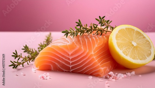 Corte de filete de salmón presentando con finas hierbas y limón, sashimi aislado con fondo rosa aesthetic con sombras, lonja de pescado de lujo, pescaderia ... See More
 photo