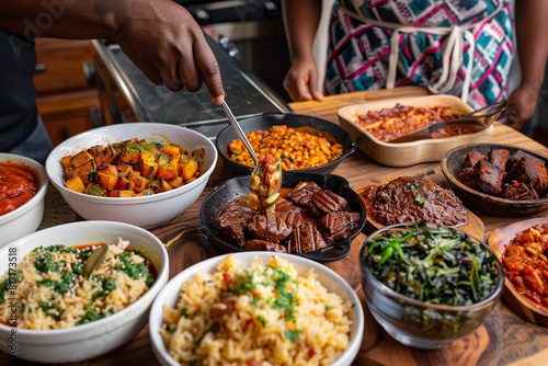 The meticulous preparation of traditional African-American dishes for a Juneteenth feast 