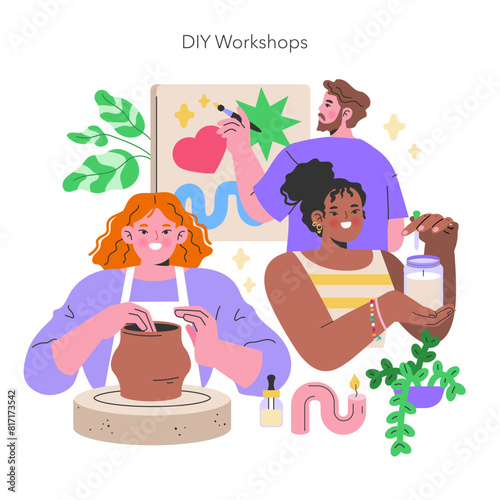 Maker Culture concept A sewing enthusiast and a designer in a makerspace, collaborating in a world of fabric and fashion creation Community and craft in harmony Vector illustration