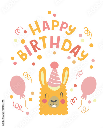 Happy birthday card vector illustration with a cute cartoon llama.  Birthday greeting card with alpaca lama in a pink birthday cap.
