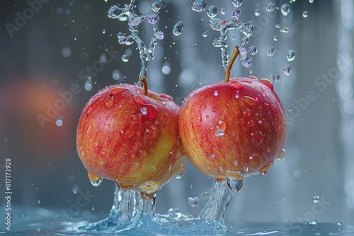 Two fruits falling into liquid, splashing in a natural pool