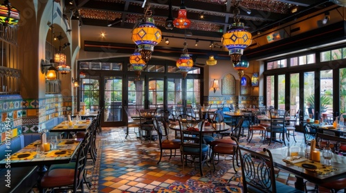 A restaurant with vibrant tiled floors and tables, creating a lively and colorful atmosphere for diners to enjoy their meals.