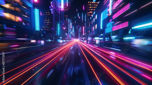 Neon city lights blend into the dark  creating a colorful  futuristic vibe.