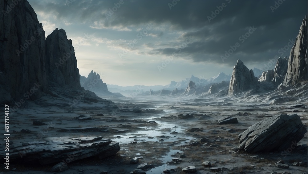 The barren, desolate surface of a planet dominated by grey stone. The cold, lifeless expanse stretches as far as the eye can see, devoid of any signs of life