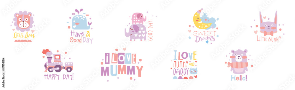Kids Print in Simple Style with Inscription Vector Set