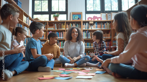 Happy Group of kids sitting on floor in circle around with teacher in library for listening a story .