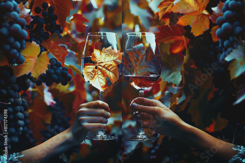 A pair of hands firmly grip wine glasses against a backdrop of a cluster of ripe grapes, creating a scene of wine tasting or celebration