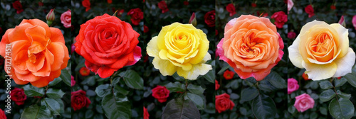 A straight line of various colored roses planted in a garden  showcasing a vibrant display of natures beauty