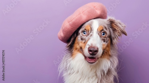 photo of an Australian Shepherd dog with brush in mouth and pink beret on purple background, pastel colors, minimalism